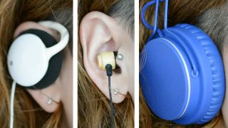 Collage dreier Kopfhörer an einem Frauenohr: On-Ear-Kopfhörer, In-Ear-Kopfhörer und der klassische Bügelkopfhörer (Bild: rbb/Hennerici)