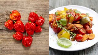 Bildmontage, links: Paprikaschoten liegen in Herzform zusammen / rechts: Mediteranes Gemüsegericht (Quelle: imago/BE&W und imago/Westend61)