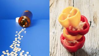 Bildmontage: Pillen fallen aus Flasche und aufgetürmte Paprika (Quelle: imago/Science Photo Library/CTK Photo)