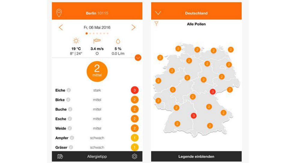 Screenshots der App Pollen-Radar (Quelle: Ratiopharm)