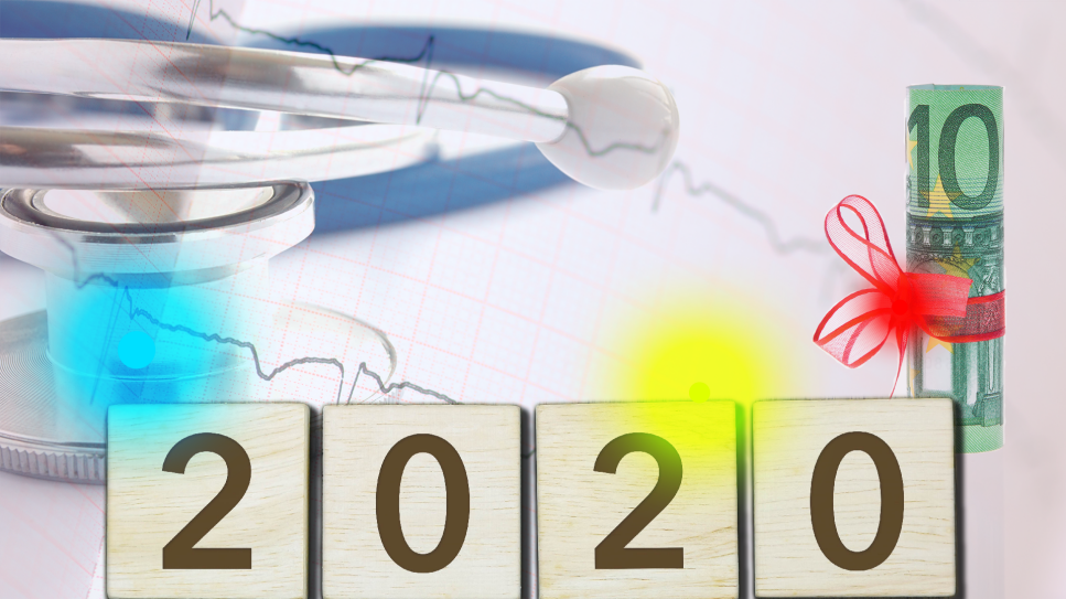Collage aus Stethoskop, Kardiogramm, Geldschein und Holzwürfeln, die "2020" bilden (Bild: Colourbox)