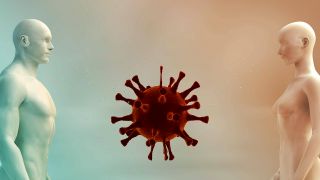 3D Darstellung: Mann und Frau auf Abstand, in der Mitte riesiges Coronavirus (Bild: imago images/Panthermedia)