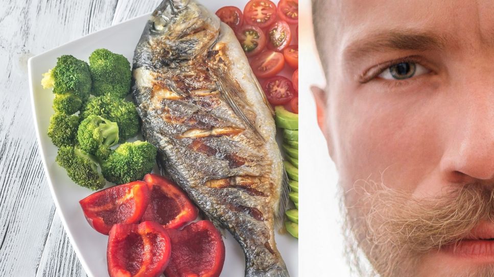 Collage Teller mit Fisch und Gemüse neben Gesicht von Mann (Bild: imago images/agefotostock/Westend61)