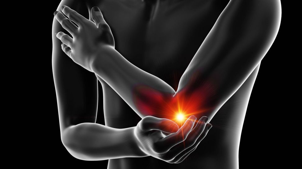 Schmerzen am Ellenbogen: Symbolbild mit rotem Signalpunkt am Ellenbogen (Quelle: imago/Science Photo Library)