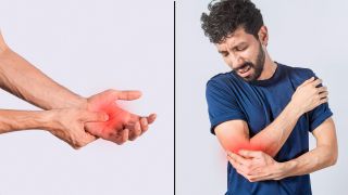 Rheuma. Symbolbild zeigt Mann der schmerzen im Ellenbogen und Handgelenk hat (Quelle: Colourbox)