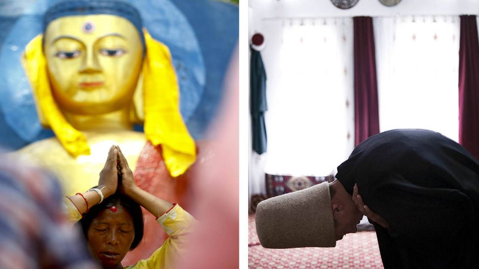 Montage: links eine Buddhisten, rechts ein Derwisch (Quelle: imago/Xinhua; GranAngular)