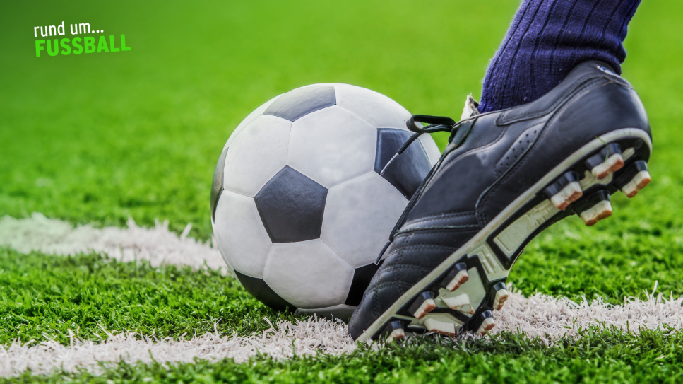 Ein Fußball liegt auf einem Rasen, Fuß schießt den Ball weg, Logo "rund um... Fussball" (Quelle: Bild: Colourbox; Montage: rbb)