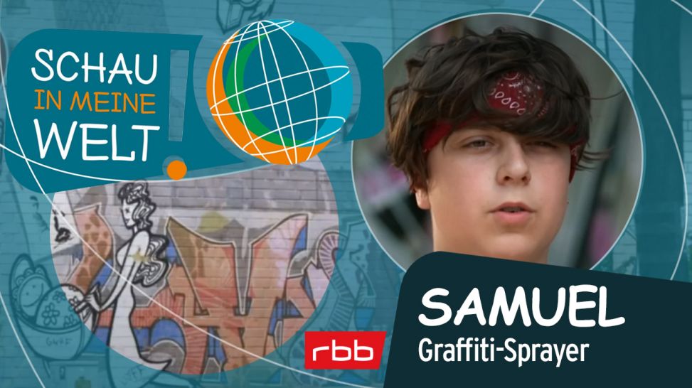Collage von Samuel und einem Wandgraffiti in Berlin. (Quelle: Screenshot rbb)