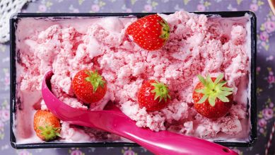 Eine große rechteckige Schüssel Erdbeereis mit frischen Erdbeeren (Quelle: imago images/Westend61)