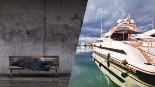 Obdachloser in Berlin (Quelle: IMAGO / photothek) und Yacht (Quelle: IMAGO / Panthermedia)