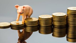 Ein Spielzeugschwein steht auf einem Stapel Fünfzigcent-Münzen auf einer verspiegelten Fläche (Quelle: IMAGO / blickwinkel)