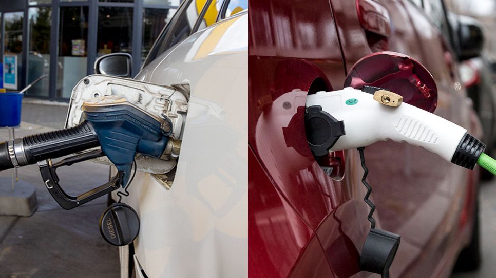 Ein weißes Auto wird mit Benzin betankt (links) und ein rotes Auto wird an der Ladesäule mit Strom geladen (rechts) (Quelle: IMAGO / Herrmann Agenturfotografie (links), IMAGO / STPP (rechts), Bearbeitung: rbb)