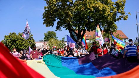 Teilnehmer der 2. Slubice-Frankfurt-Pride 2021 unter dem Motto 'Liebe ohne Grenzen'. Slubice, 05.09.2021 (Quelle: dpa/Jean MW/Geisler-Fotopress)