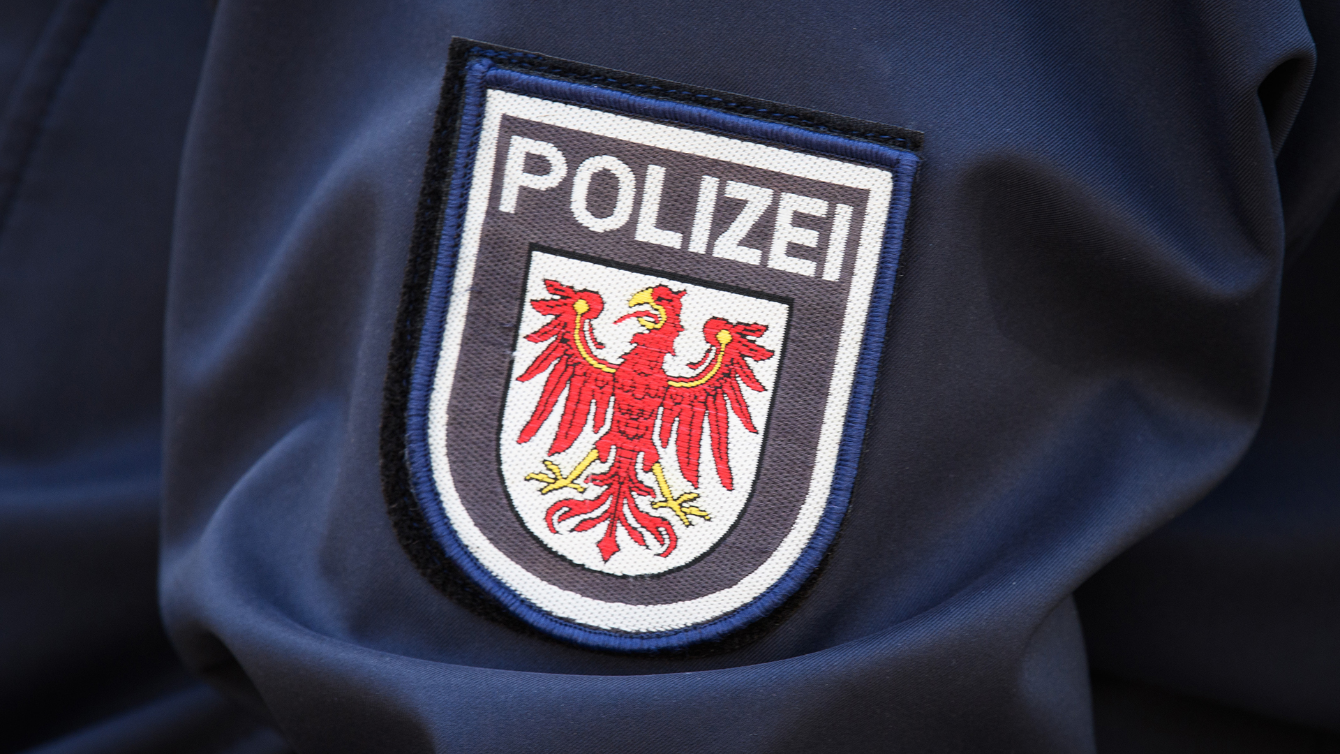 Symbolbild: Das Logo der Brandenburger Polizei mit rotem Adler und Schriftzug auf dem Ärmel der Jacke einer Polizeibeamtin. (Quelle: dpa/Soeren Stache)