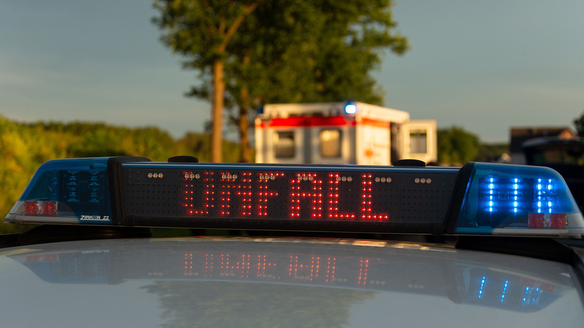 Ein Einsatzfahrzeug der Polizei steht mit Blaulicht und dem Schriftzug Unfall im Display an einem Unfallort. (Quelle: dpa/Gelhot)