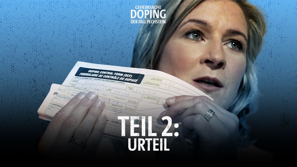 Claudia Pechstein hält ein Dopingprotokoll in Händen, darauf der Titel "Teil 2: Urteil"