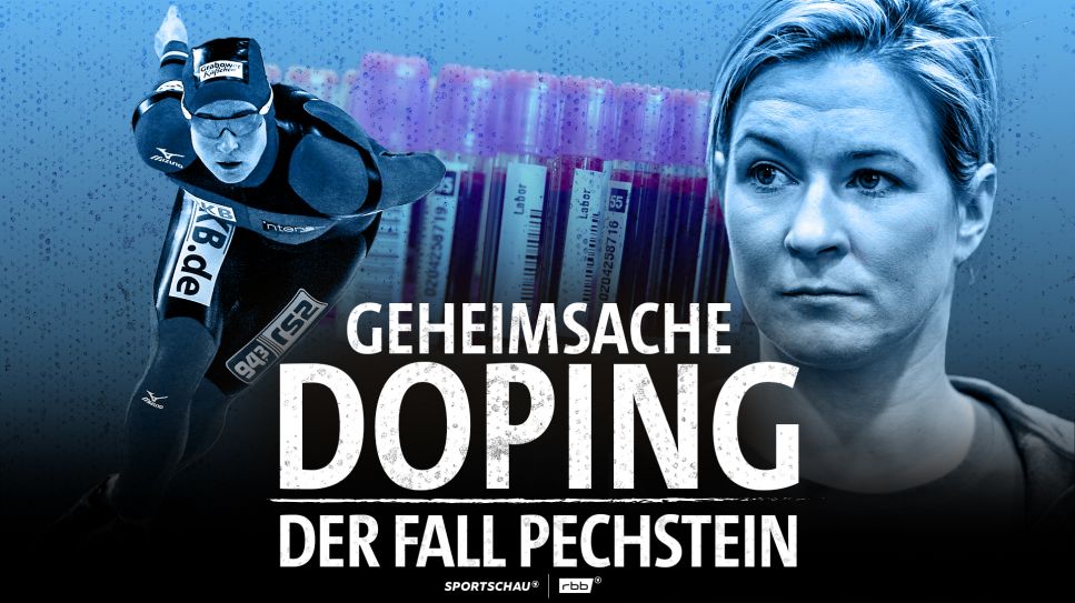 Claudia Pechstein blickt ernst, Blutampullen, davor die Schrift "Geheimsache Doping." (Quelle: Imago/photo2000/Digitalsport, dpa/Rainer Jensen, Collage: rbb)