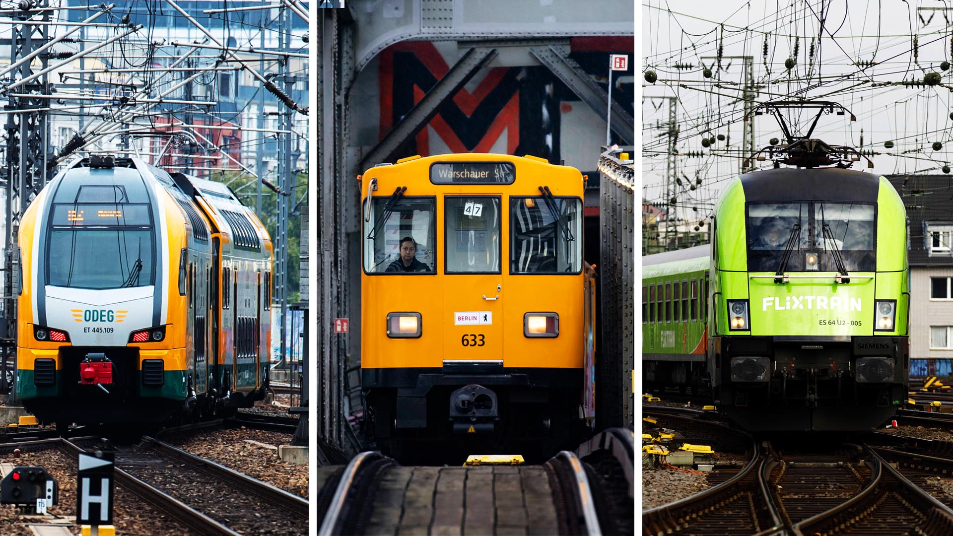 Collage (v.l.n.r.) Züge der ODEG, U-Bahn, FLIXTRAIN.(Quelle:imago images/C.Ditsch/Future Image/E.Contini)