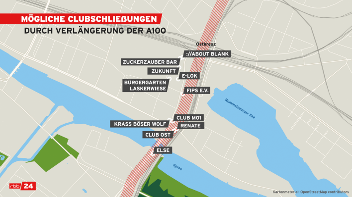 Clubs, die durch den Weiterbau der A100 zwischen Elsenbrücke und Ostkreuz verschwinden könnten (Quelle: rbb)