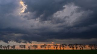 Dunkle Gewitterwolken schieben sich am späten Abend des 19.04.2021 vor den Sonnenuntergang über einer Allee im Landkreis Oder-Spree in Ostbrandenburg. (Quelle: dpa-Zentralbild/Patrick Pleul)