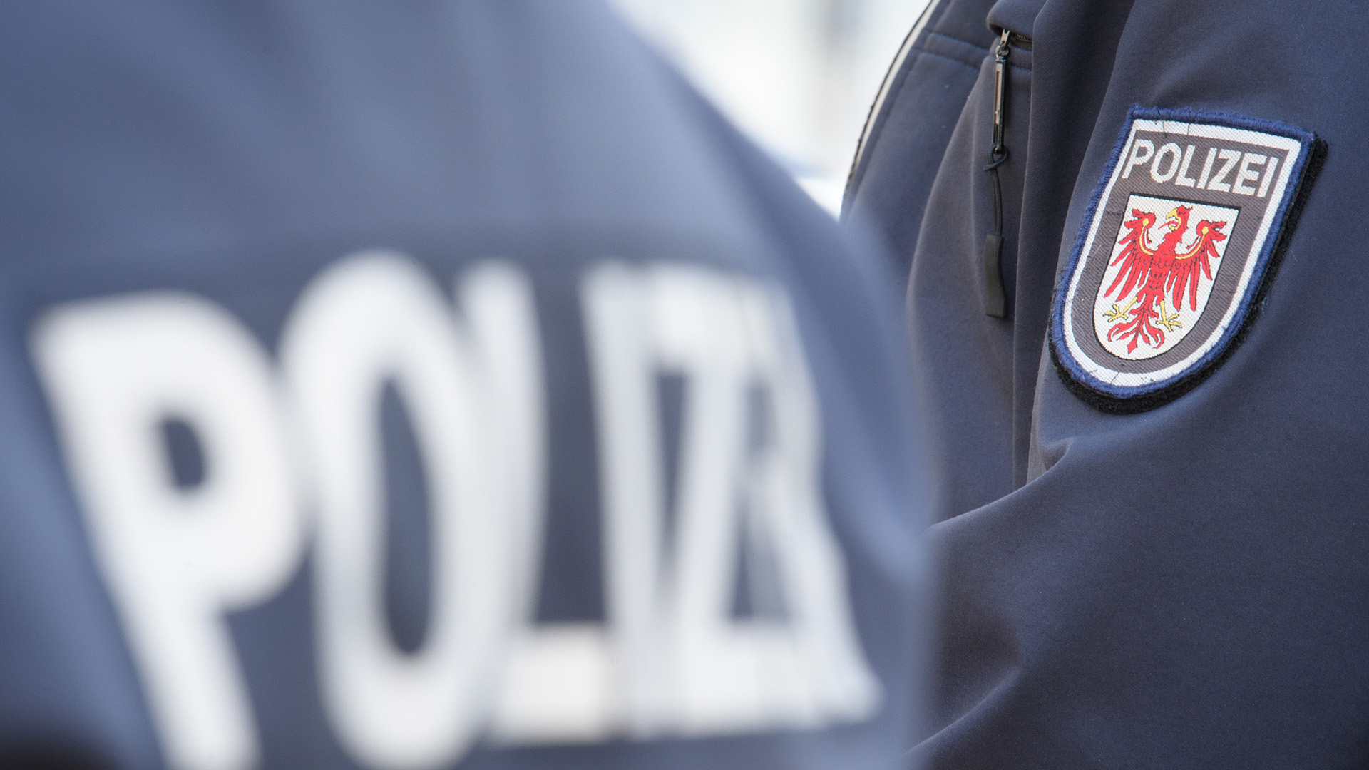 Symbolbild: Das Logo der Brandenburger Polizei mit rotem Adler und Schriftzug auf dem Ärmel der Jacke einer Polizeibeamtin. (Quelle: dpa/Stache)