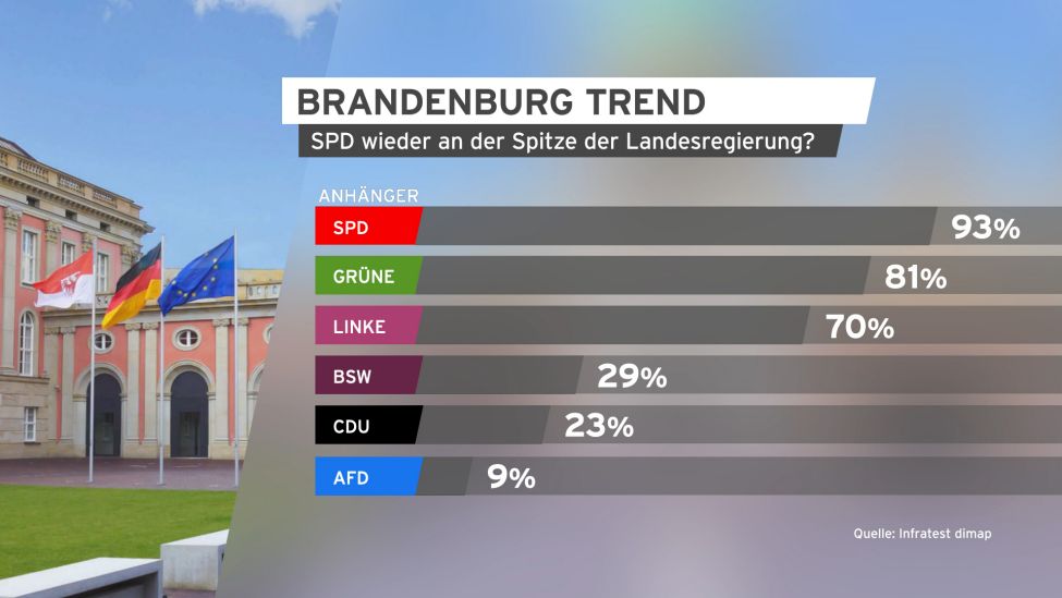 Grafik Brandenburg Trend SPD an der Spitze der Landesregierung?Anhänger in Parteien.(Quelle:rbb)