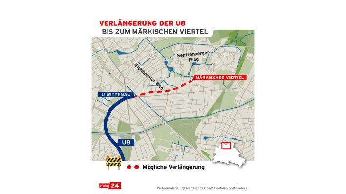 Karte: Verlängerung der U8 bis Märkisches Viertel. (Quelle: rbb)
