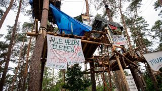 Banner hängen zwischen den Baumhäusern des Protest-Camps von der Initiative «Tesla stoppen» in der Nähe der Tesla-Werks. (Quelle: dpa/Sommer)