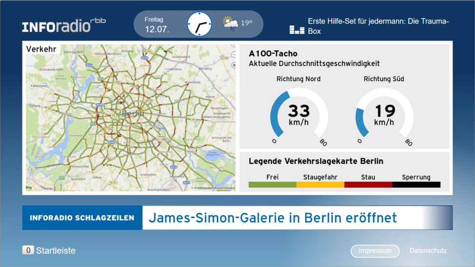 Eine Seite des RadioFlow von Inforadio zeigt die aktuelle Verkehrslage Berlins an (Bild: rbb Innovationsprojekte)