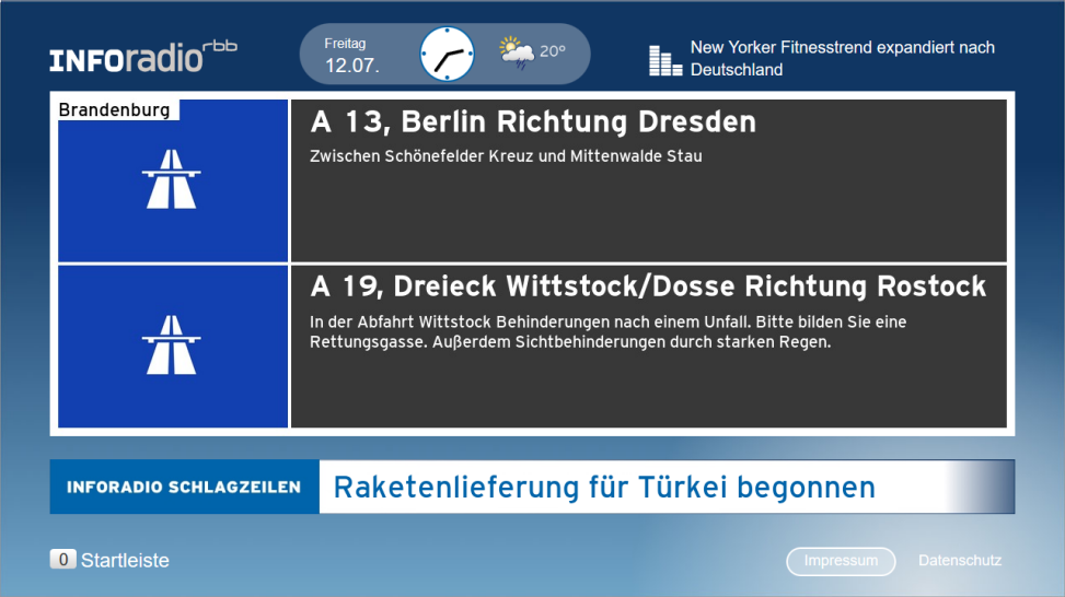 Eine Seite des RadioFlow von Inforadio zeigt aktuelle Verkehrsmeldungen aus Brandenburg an (Bild: rbb Innovationsprojekte)