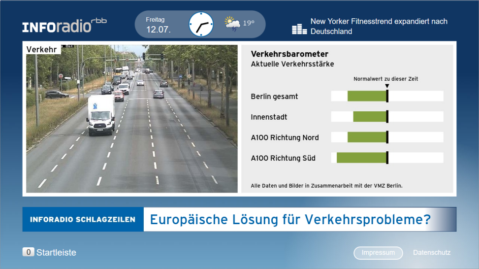 Eine Seite des RadioFlow von Inforadio zeigt die aktuelle Verkehrsstärke in Berlin an (Bild: rbb Innovationsprojekte)