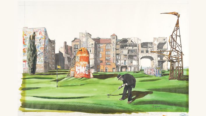 Auqarellgemälde zeigt Golfer im Anzug auf Golfplatz vor Altbauten (Bild: rbb/Lutz Brandt)