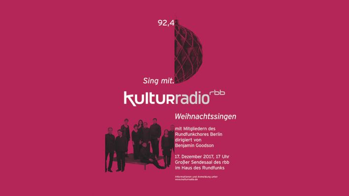 Plakat zum Kulturradio Weihnachtssingen mit Text und singenden Leuten (Bild: rbb)