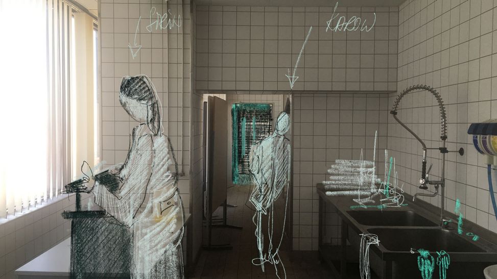 Hier die ersten Ideen, eine Pathologie in der ehemaligen Küche des Hauses im 21. Stock einzurichten (Bild: rbb/Jörg Baumgarten).