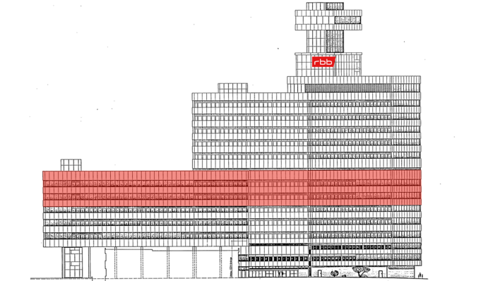 Grafik Fernsehzentrum mit markiertem CNC 1.0 in der 6. und 7. Etage (Bild: rbb/Jochen Manz)